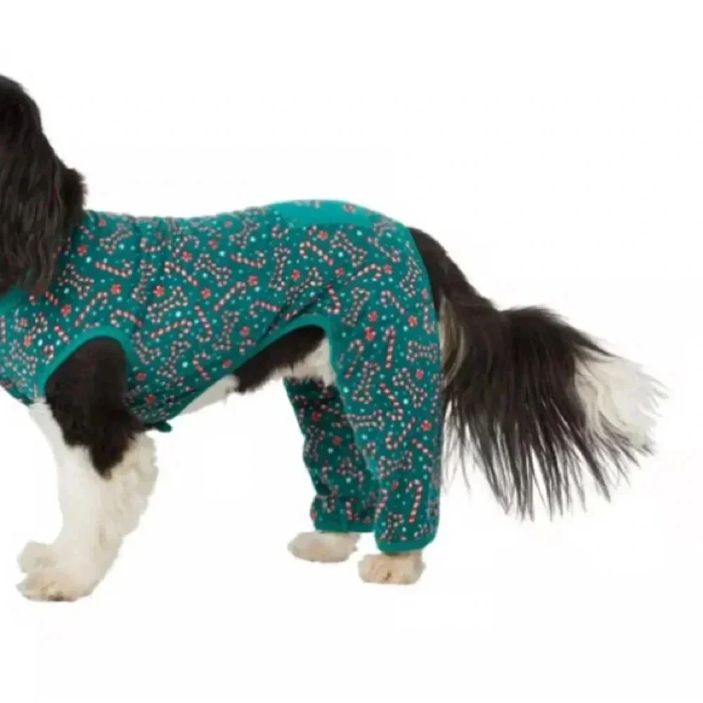 FuzzYard Dog Christmas footless long Pajamas Green Candy Cane Pattern S